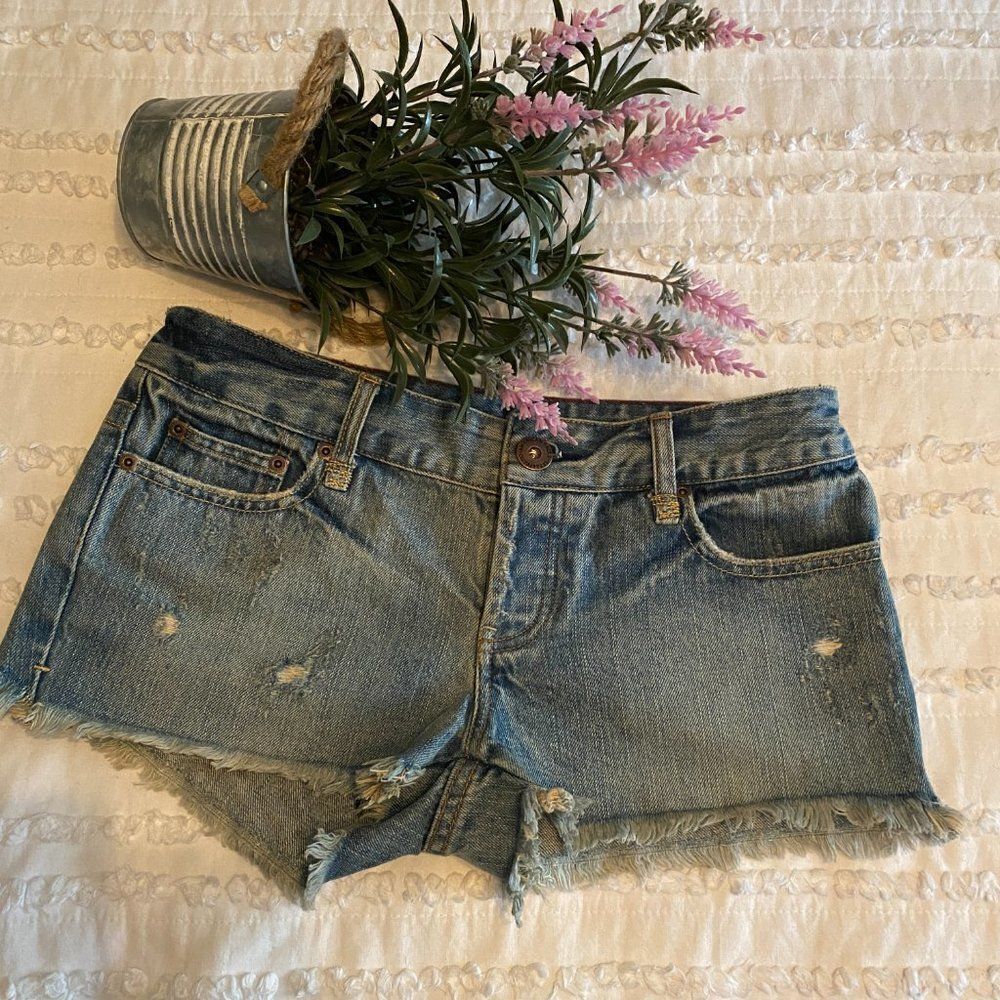 American Eagle Shorts Gingham print‎ on inside pockets Jean Button Up Frayed  2